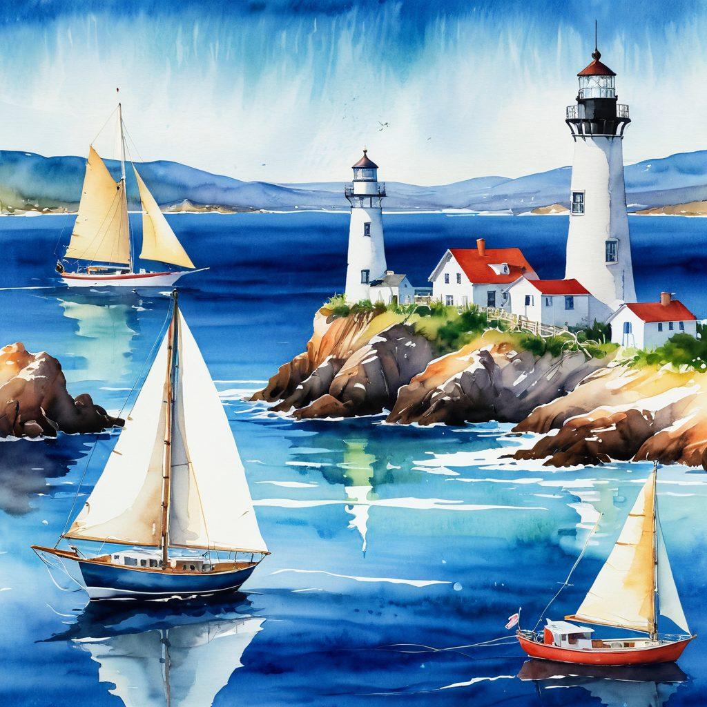 A serene coastal scene transitioning from a fisherman on a traditional boat to a sleek sailing yacht, showcasing various aspects of nautical adventures. In the background, depict lighthouses and distant islands under a clear blue sky. Use vibrant colors to highlight the contrast between fishing rods and sailing gear, while incorporating nautical symbols like anchors and waves flowing throughout. watercolor painting. vivid colors. sunny atmosphere.