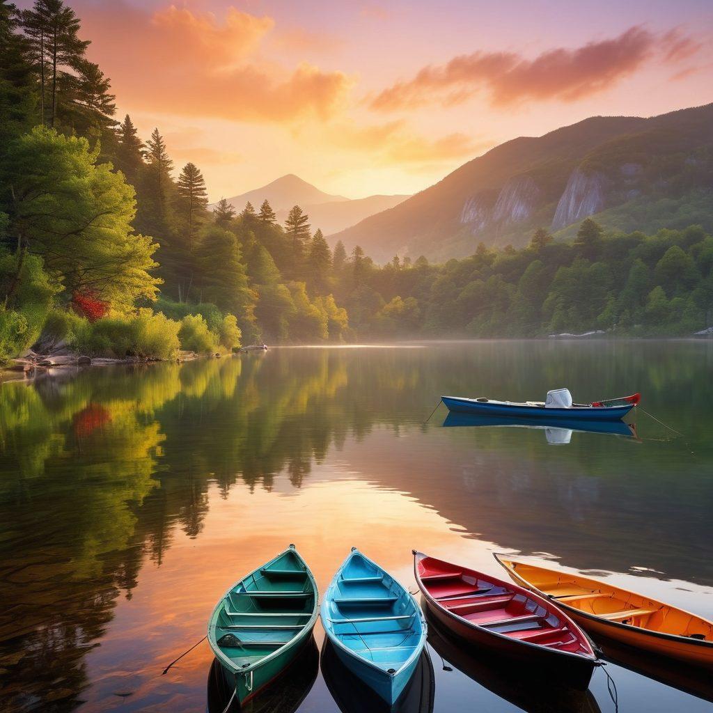 A serene lake at dawn, with diverse boats on the water – sailboats, motorboats, and kayaks – each featuring unique colors and styles. The backdrop showcases lush green hills and a clear sky, evoking a sense of adventure and relaxation. Include subtle visual elements symbolizing protection, like a transparent shield around the boats. Enhance the atmosphere with soft, warm lighting to create an inviting feel. super-realistic. vibrant colors. peaceful landscape.