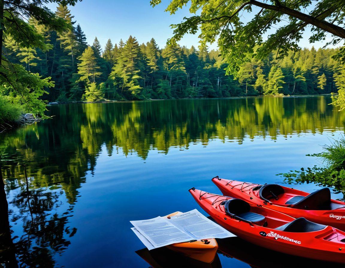 A serene lake scene showcasing various watercrafts like a kayak, sailboat, and jet ski, surrounded by lush greenery and soft waves. In the foreground, a calm person is studying insurance documents at a picnic table, with a backdrop of a clear blue sky reflecting on the water. The mood should convey a sense of understanding and peace in navigating insurance choices. vibrant colors. super-realistic.